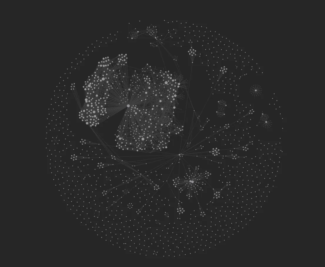 An unlabelled knowledge graph supplied as an illustrative reference, showing linked clusters and hub nodes on a dark background.